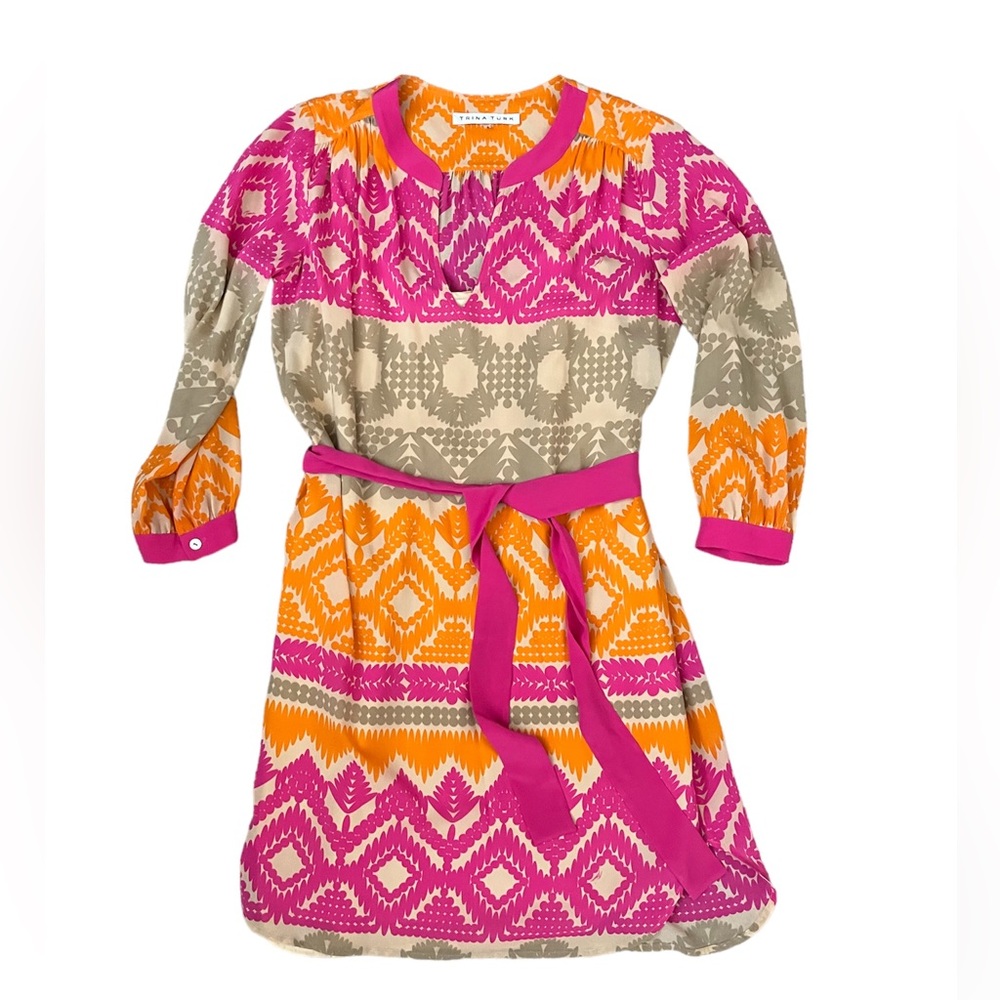 Trina Turk Pink, Orange, and Taupe Geometric Belted Dress